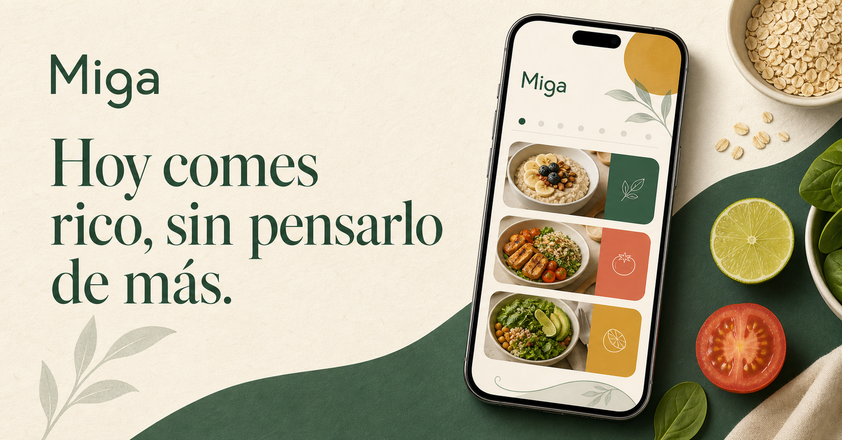 Vista de Miga con opciones de comidas saludables